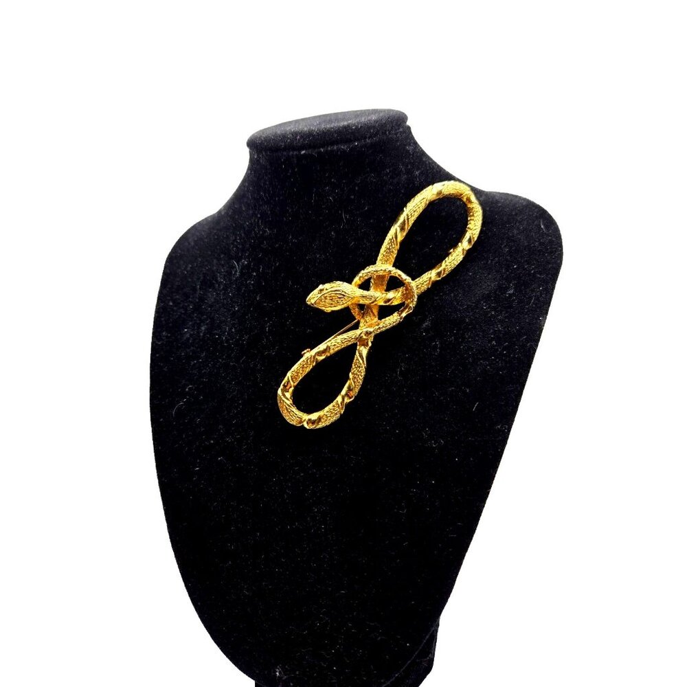 Vintage Large Coiled textured SNAKE gold tone brooch 3.5"
